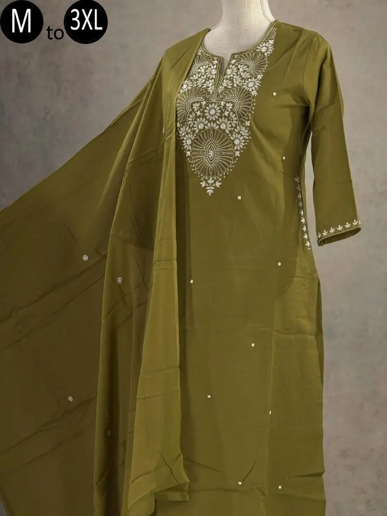 Cotton Flex Mehendhi Green Embroidered Kurta Palazzo Dupatta Summer For Women Formal Indian Ethnic Summer Wear Women Kurta Pakistani suit