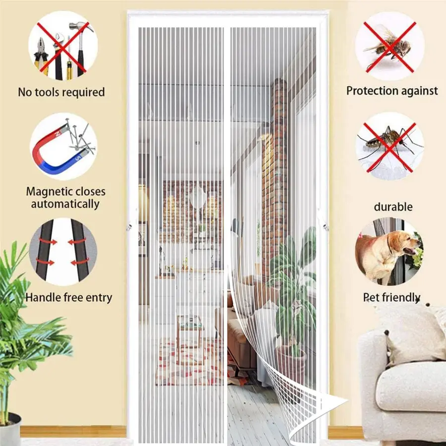 1 Piece Magnetic Screen Door with Storage Buckets, Mosquito & Fly Proof Door Curtain, Easy Installation, Ventilated & Breathable, Pet Friendly, Suitable for Living Room, Bedroom, Garage Door, Balcony, Entry Door, Mesh Screen Door for Home Decoration