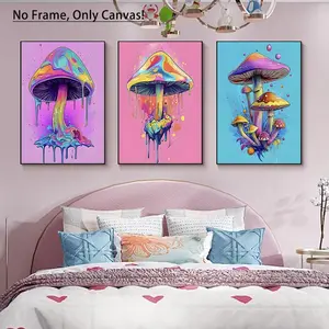 Mushroom Pattern Unframed Painting, 3 Counts/set Modern Canvas Wall Art, Wall Decor for Home Living Room Bedroom Study Room, Ornaments