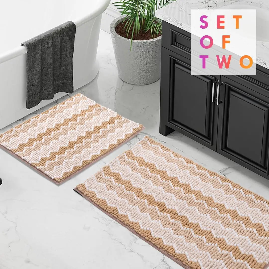 Kasentex 2-Piece Plush Chenille Stripes Rectangle Indoor Bath Rug Set - Dual Sizes 17x24in + 20x32in Mats, Non-Slip, Velvet-Soft Loops, Deep Pile Absorbs, Low-Pile, Modern, OEKO-TEX Certified, Shower & Toilet Accessories