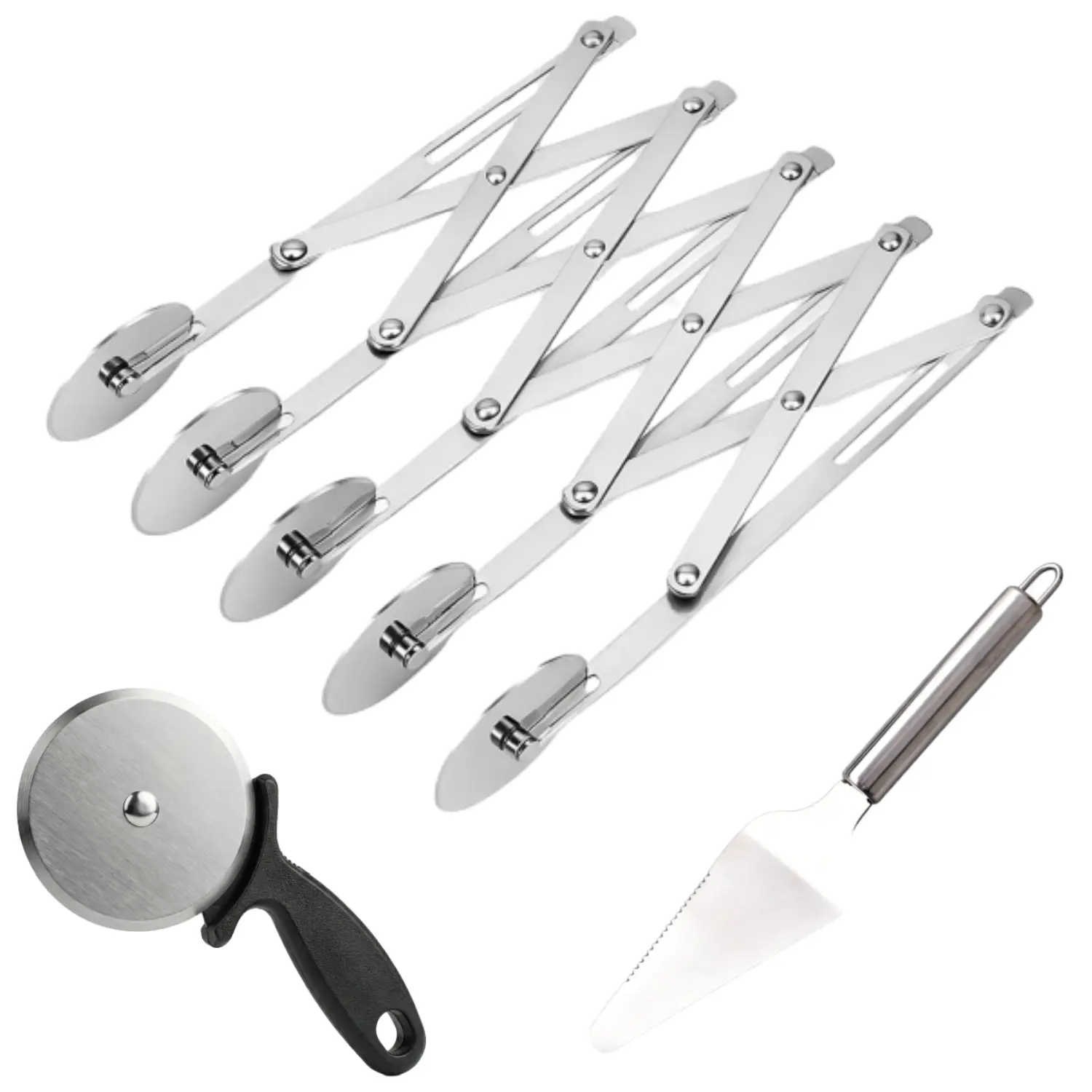 5 Wheel Pastry Cutter with Pizza Cutter Wheel and Pizza Shovel, Stainless Steel Pizza Slicer, Expandable Dough Cutter, Multi-Round Pastry Knife, Baking Cutter Roller Cookie Ravioli Cutter Wheel Divider