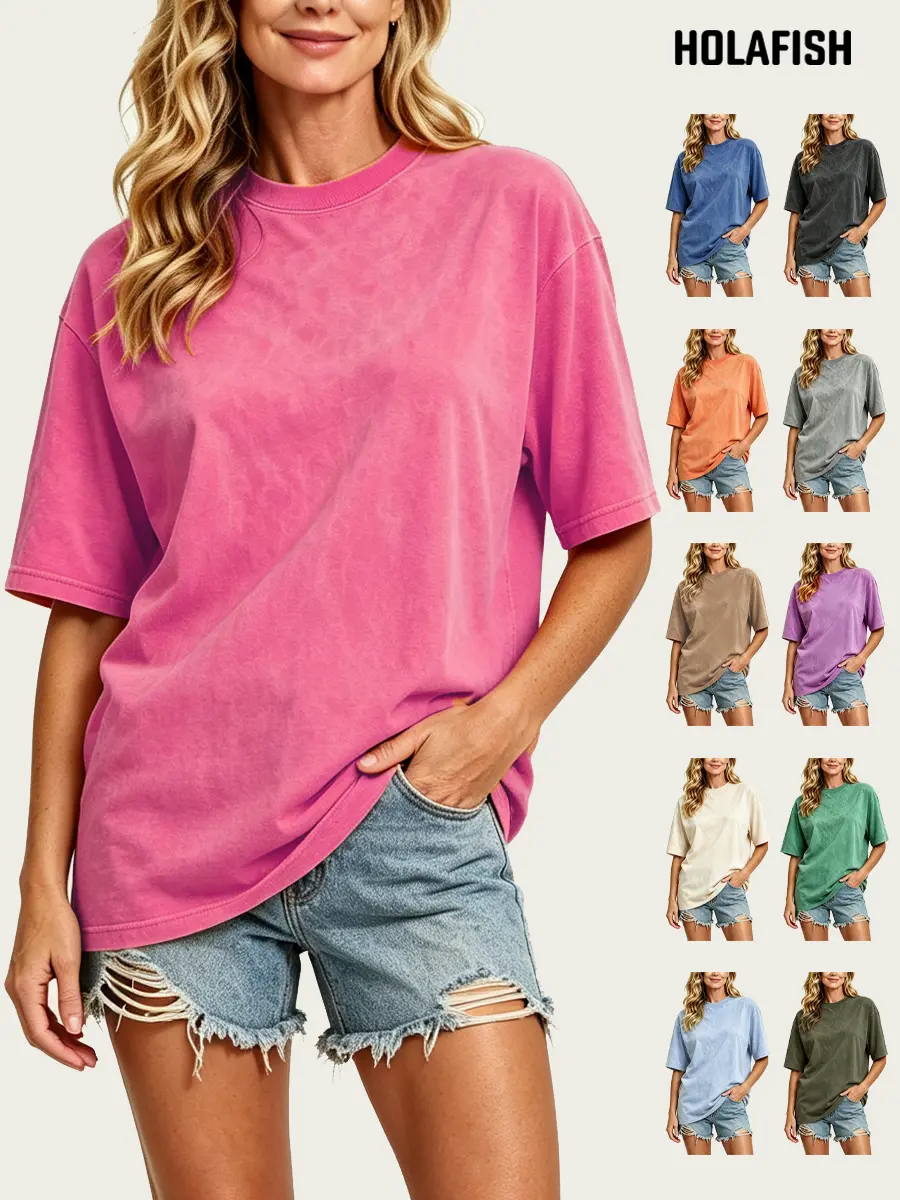 Holafish Acid Washed T-Shirt, Boyfriend Tee Cotton T-Shirts Vintage Basic Tee Women, Relaxed Fit Short Sleeve, Womens Tops Soft Cotton Tee