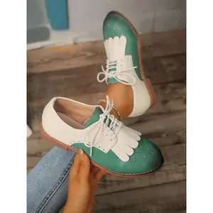 Women’s retro floral round-toe oxford colorblock lace-up British-style shoes—casual, comfortable leather pumps suitable for all seasons