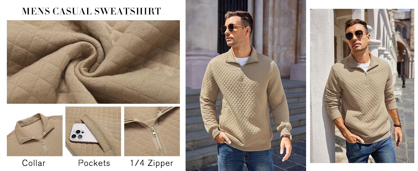 COOFANDY Mens Quarter Zip Pullover Quilted Sweatshirt Knit Long Sleeve Mock Neck Sweater Polo with Pocket