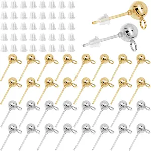 120Pcs Hypoallergenic Ball Studs for Jewelry Making,Round Ball Earring Posts Balls Post Earring Studs with Loop and 200Pcs Clear Earring Backs for DIY Jewelry Making(KC Gold and White K)