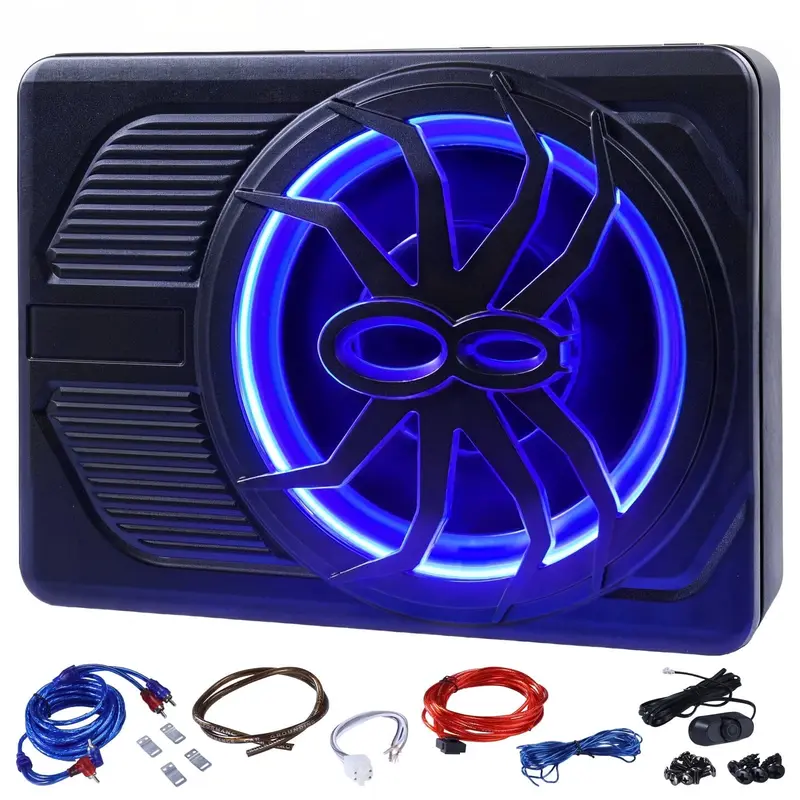 ANDEMAN 10-Inch Ultra-Thin Under-Seat Subwoofer Stereo Speaker - 100W Peak Power, Built-In Amplifier, Blue Dynamic Lights, Stereo Car Audio, Bass Boost, 10" Surround Sound, High/Low Level Input, 15A-25A Fuse Rating, Cast Aluminum Body, for Trucks