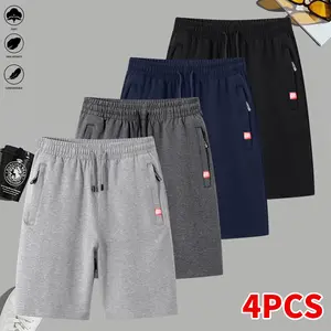 Men’s solid-color casual shorts 4-piece set featuring an elastic drawstring waist; suitable for outdoor sports, fitness running, and casual wear. Men’s shorts, athletic shorts.