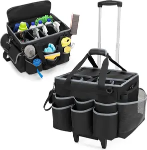Large Cleaning  with Detachable Trolley &  Strap, Cleaning Supplies Bag with Handles & Support Plates, Cleaning Product Rolling Organizer for  Wash and Housekeeping