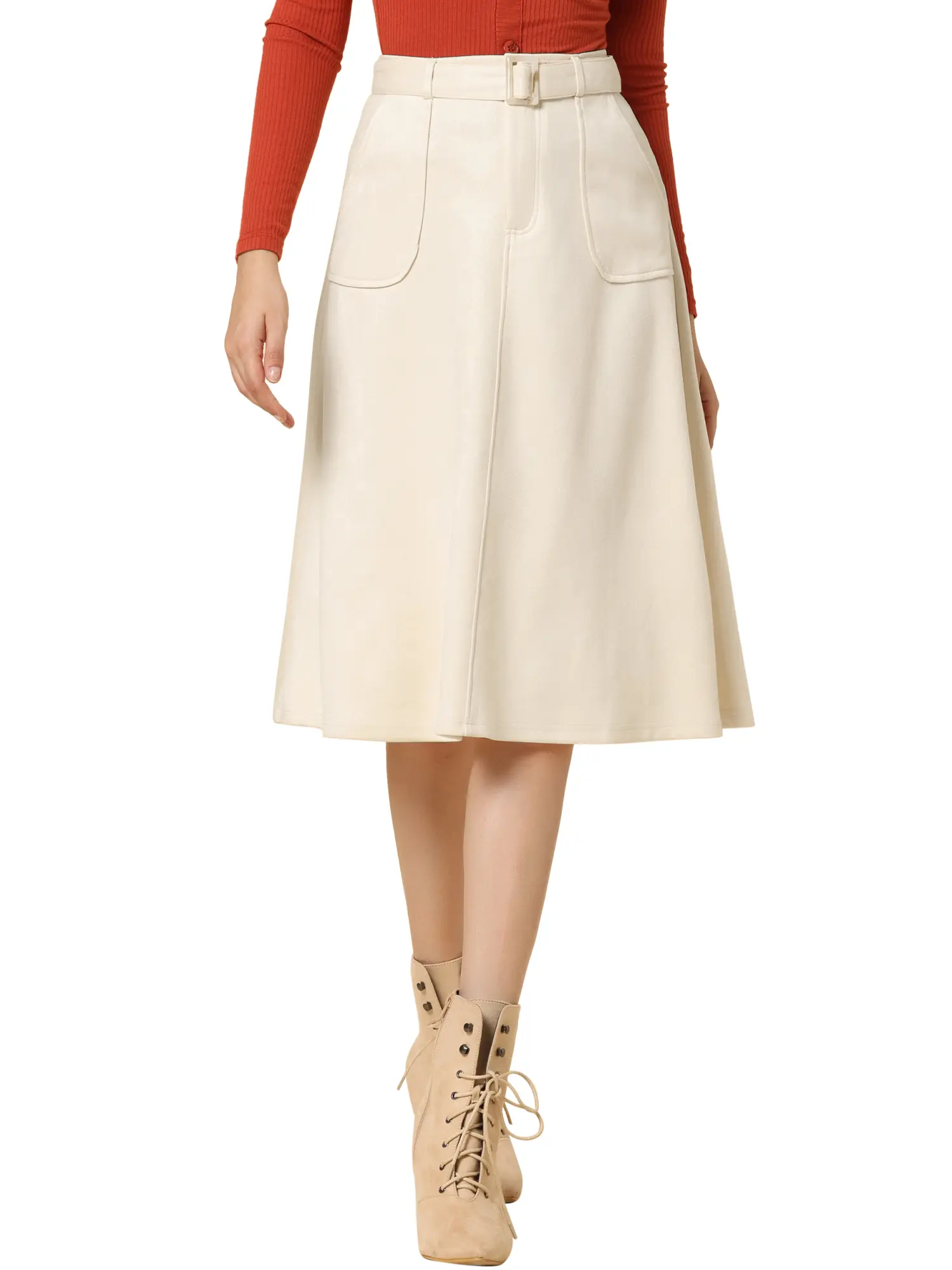 INSPIRE CHIC Casual Faux Suede Pockets Stretch A-line Midi Skirt with Belt