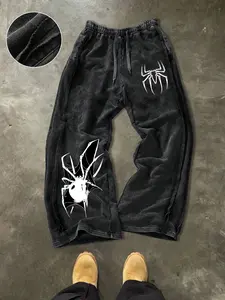 Men's Washed Cotton Casual Sporty Loose Straight Leg Pants, Spider Print, Comfortable Breathable, Trendy Fashion, Daily Wear, Street Hip Hop, Casual Streetwear Pants