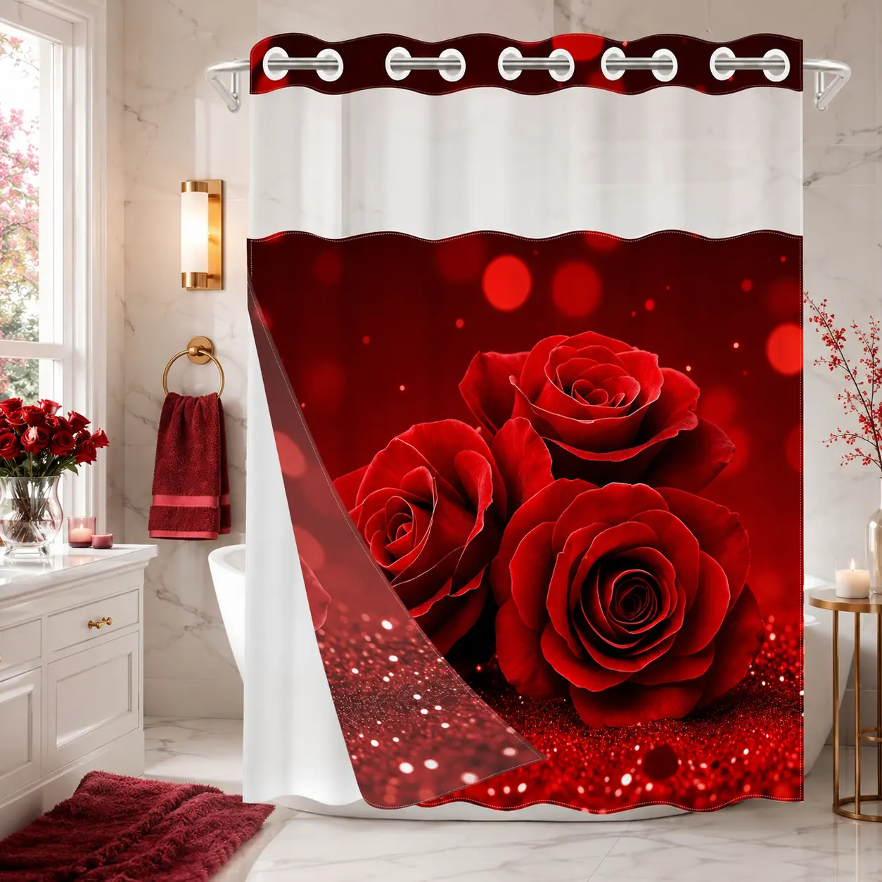 1-Piece Red Rose No Hook Shower Curtain with Snap-In Liner, Double Layer Waterproof Fabric, Sheer Mesh Top, Removable White Liner, Romantic Floral Bathroom Decor for Home, Hotel and Dormitory, 72x75in