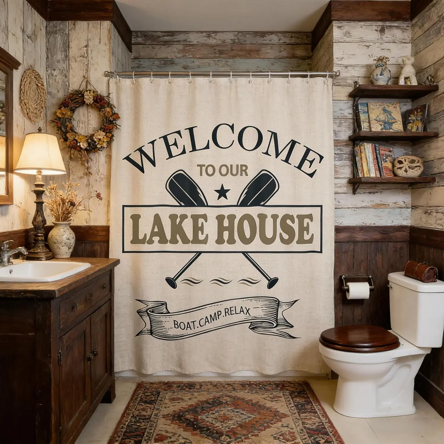 Feelyou Vintage Plaid Shower Curtain - Retro Beige All-Over Print Artificial Fabric, Lake House Lake Life Themed with Boating Paddle Design, Waterproof Washable, Included Hooks for Lakeside Bathroom Stalls, Vintage Shower Curtain, Plaid Curtains