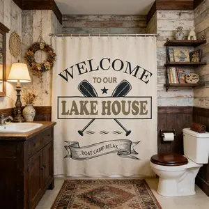 Feelyou Retro Beige Plaid Lake House Shower Curtain - Lake Life Themed with Boating Paddle Design, Waterproof Washable Fabric, Included Hooks for Lakeside Bathroom Stalls