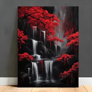 2D Flat Painting - Vibrant Red Trees and Waterfall Art Print |   12" X 16" durable wall decoration, perfect for home, office, or cafe, Modern Wall Art |   Exquisite rich red tones and dramatic waterfall scene, a perfect room decoration