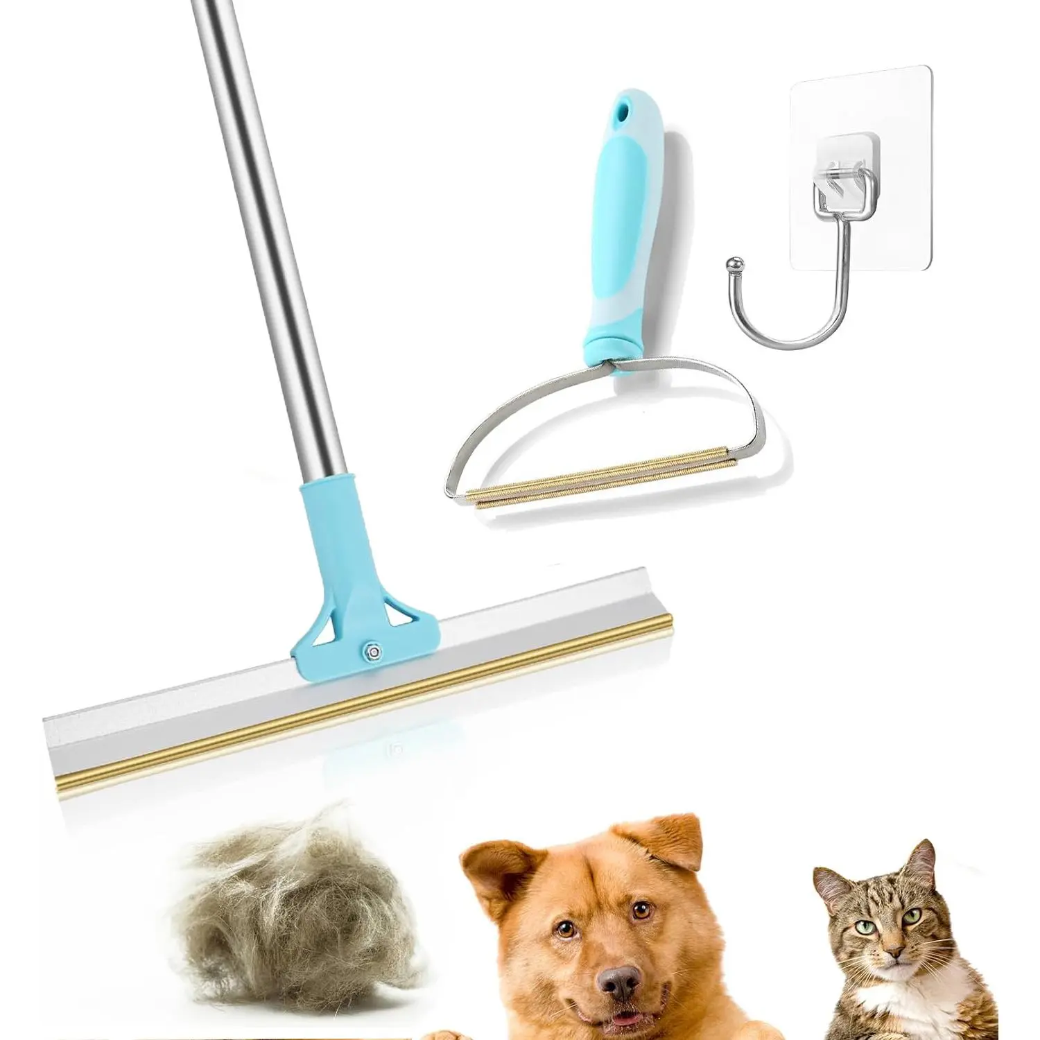Pet Hair Removal Tool Set, 3 Counts/set Adjustable Long Handle Lint Remover with Edge, Reusable Fur & Carpet Scraper for Carpet, Rug, Mat, Couch, Furniture