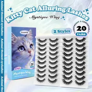 MAANGE 20 Pairs Kitty Cat Alluring False Eyelashes, D Curl Winged Liner Effect Style, Lightweight & Comfortable, 2 Styles Mixed, Sharp Defined Lashes for Alluring Cat Eye Makeup, Reusable Faux Mink Lashes, Cosmetic