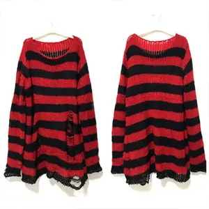 New styleNew Goth Punk Gothic Sweater Oversized Pullovers Striped Cool Hollow Out Hole Broken Jumper Harajuku Aesthetics Sweater