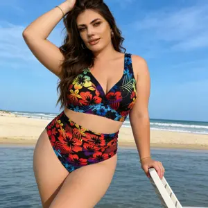 European & American Style Plus Size Colorful Floral Tankini, High Waisted Flattering Push Up Bikini, Curvy Girl Beach Photo Essential