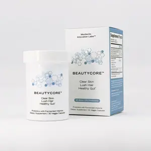 BEAUTYCORE Clear Skin Lush Hair Healthy Gut Probiotic Supplement 30 Veggie Capsules Daily Vitamin for Skin Gut & Nail Health US Healthcare Dietary Edible Fitness Nail Supplement - Natural