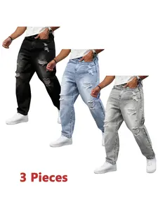 3 Pieces Straight Leg Jeans For Men Classic Menswear Solid Color All-Season Casual Fashion Ripped Denim Pants Streetwear