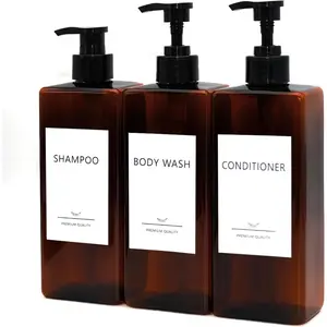 3Pack Refillable 500ml/16.9oz Amber Square Pump Shampoo and Conditioner Dispenser Bottle Set with Labels for Bathroom and Kitchen