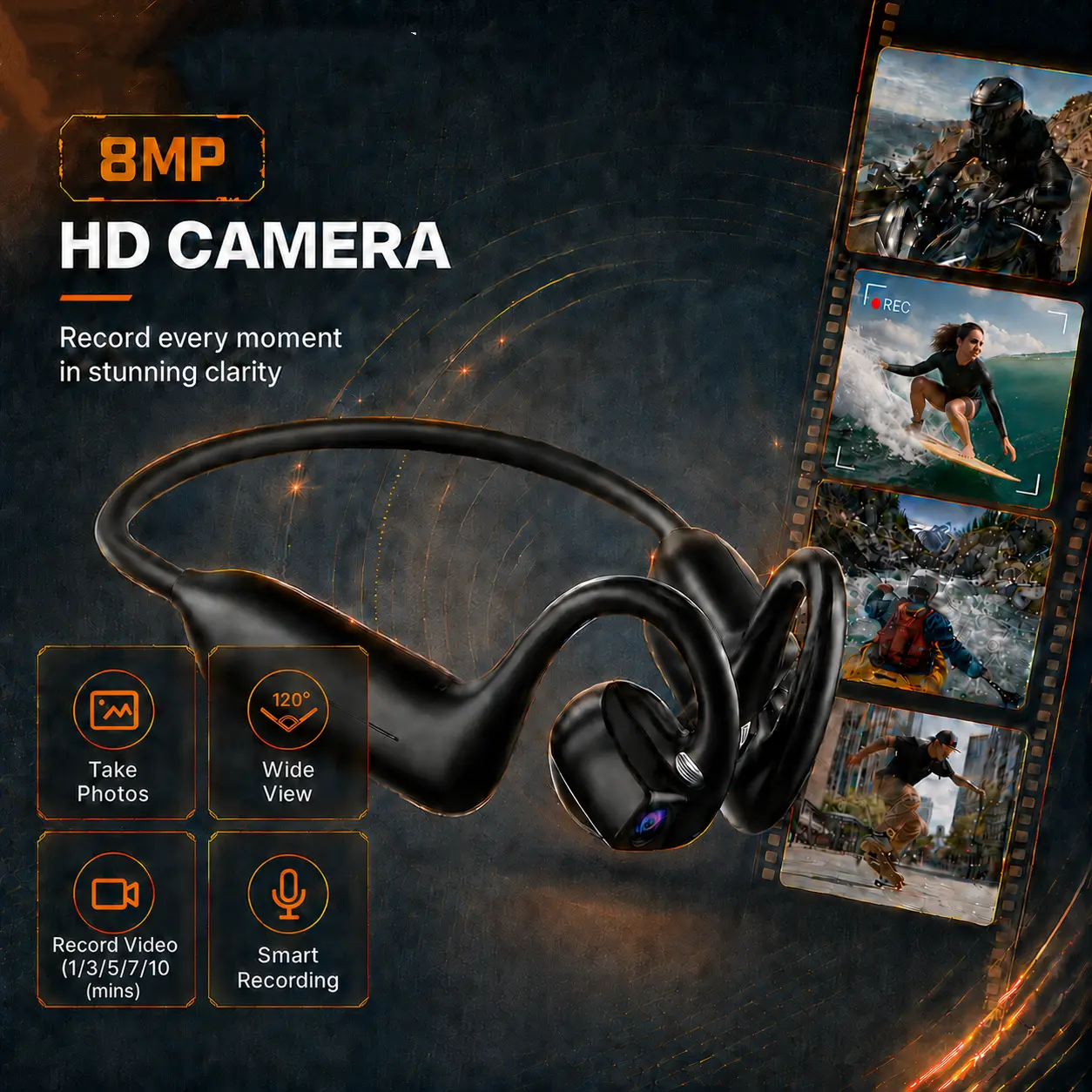E900 Open-Ear Bone Conduction Headphones with 8MP EIS Camera Support AI Smart Conversation,HD Video&Voice Recording, IP54 Waterproof Sports Headset with Touch/Button Control for Outdoor Sport &Travelling