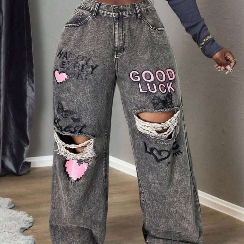 Slaydiva Women's Plus Size Grey Denim Extra Long Jeans With Ripped Knees And Graphic Prints Western Wear Women