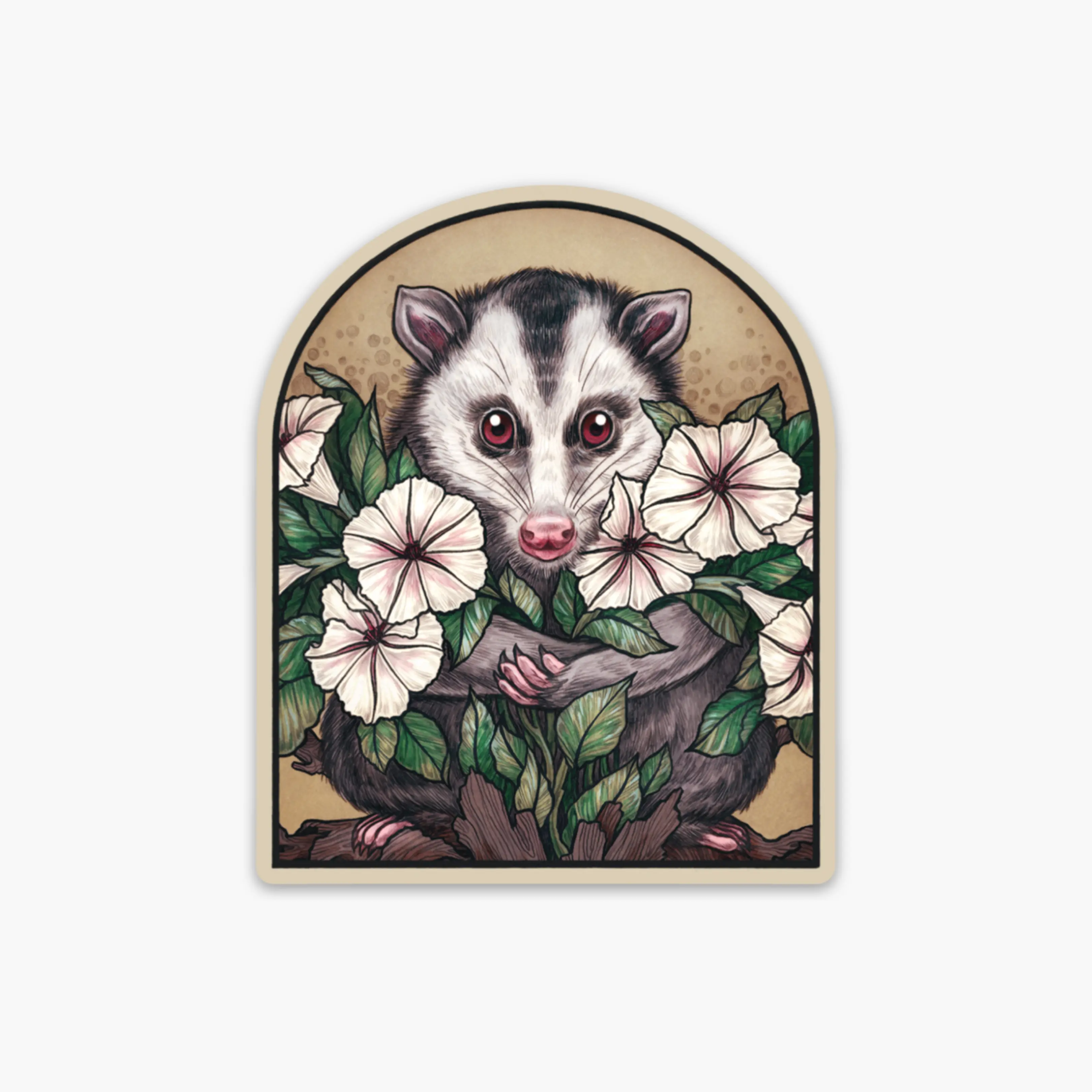 Opossum Sticker - 3x2" Vinyl - Great for Water Bottle, Laptop, Notebook - Animal, Nature, Botanical, Flowers, Possum - Art Nouveau, Boho - Water-proof & Scratch-proof, Durable