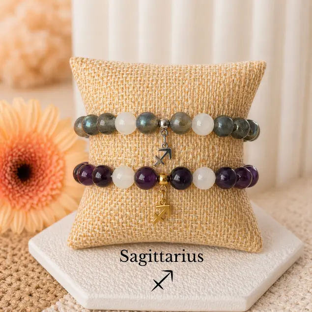 Sagittarius Zodiac Bracelet Labradorite Amethyst Moonstone | Intuition Growth Spiritual Clarity | Crystal Jewelry Gift