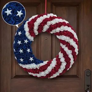 Handmade Blue American-Themed Flower Wreath Box, Bold Hanging Patriotic Decor for 4th of July-Memorial Day Festivals, Home Front Door Wall Ornament, Bold Hanging Decor
