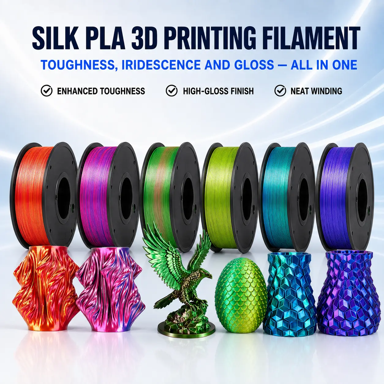 Silk PLA 3D Printing Filament - 1.75mm, 250g, Multiple Iridescent Colors, Gloss Finish, High Detail, Shiny Look, Neat Winding for Custom Home Decor Models, Iridescence