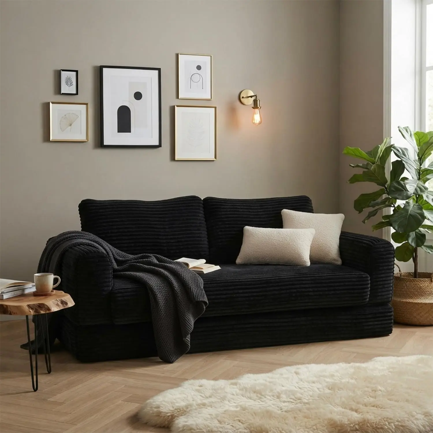 55 Inch Convertible Sleeper Sofa Bed, High Back Corduroy Folding Floor Mattress Couch, Boneless Futon Loveseat with Pull Out Bed, No Assembly Required (Black)