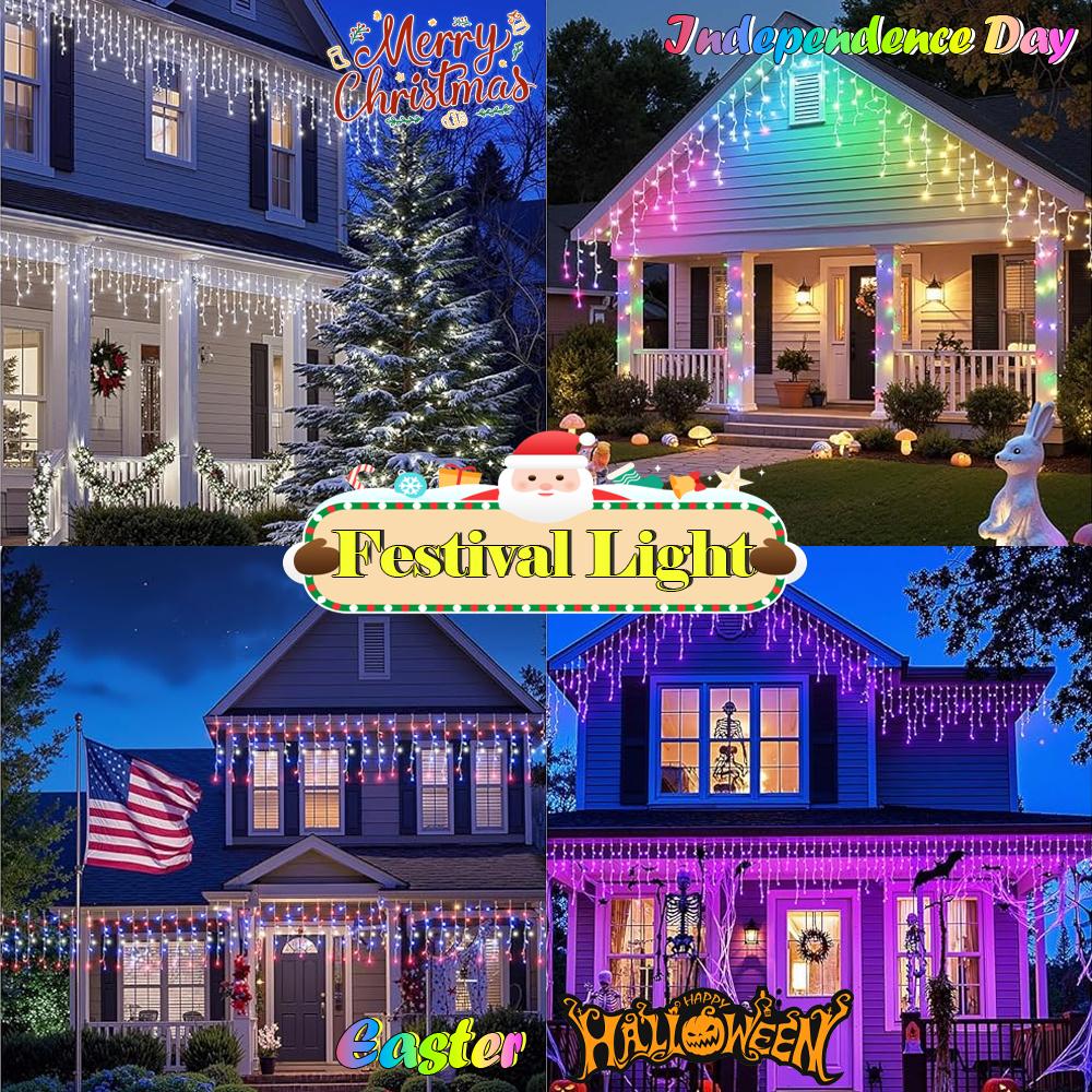 Smart RGB Icicle  Outdoor 20Ft 240LEDs 48 Drops, APP & Remote Control Music Sync Christmas Roof Icicle ,  Millions of Functions,  Clear Wire,Timer, Brightness Adjustable, Color Changing lights lampara