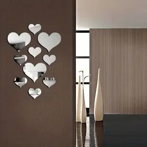 10 Heart-Shaped Acrylic Mirror Stickers, Self-Adhesive Reusable, Glossy Finish, Ideal for Home Decor, Weddings, Parties