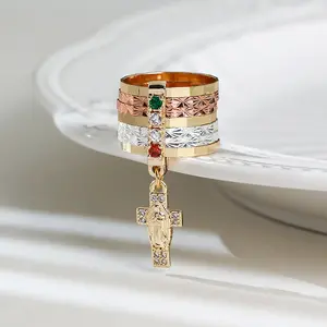 1pcs Handmade Tri-Color Virgin Mary Semanario Layered Ring with Random Gemstone Colors Virgen De Guadalupe Anillo with Zircon Cross Charm Suitable for Gifts, Friends, Daily & Holiday Wear