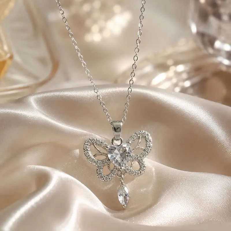 0996-5 White Gold Plated Cubic Zirconia Pendant Necklace for Women Silver Butterfly Necklace Love Gift for Mom＆Wife