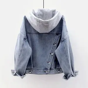 Blue Deconstructable Hooded Turn-down Collar Denim Jacket Women Loose Button Patchwork Outwear Jean Coat Female Outerwear Casual Basic Long Sleeve Can be used with raincoat