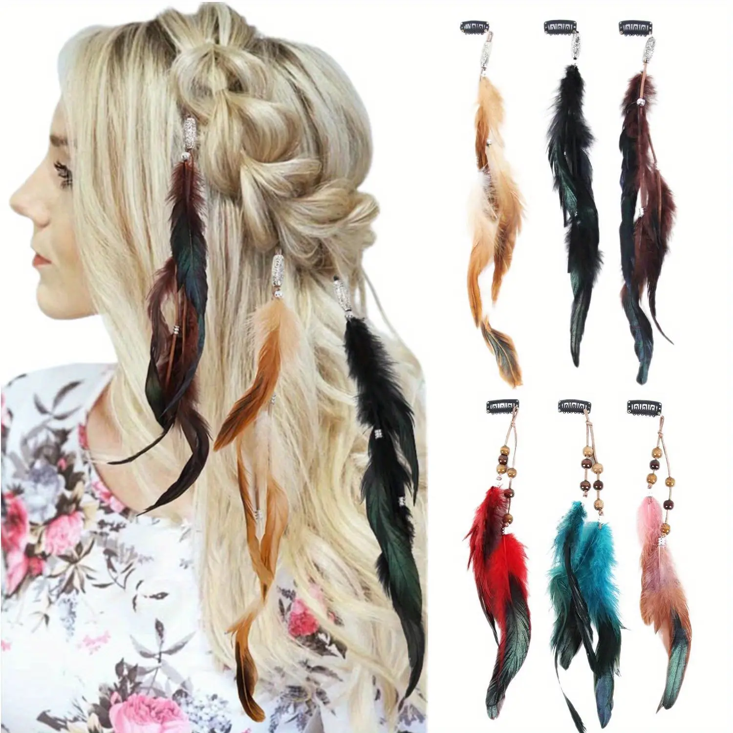 6-Piece Handmade Craft Feather Hair Extensions, Ethnic Tassel Hair Decor with Comb Clip, Headdress Accessory for Festivals & Role Play, Clips Hair