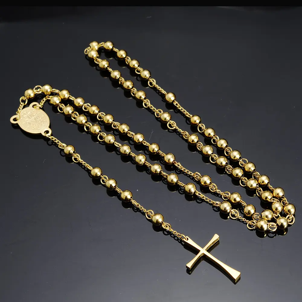 18K Gold Beaded Rosary Cross Necklace for Women - Durable Coating, Elegant Design, Vintage Inspired, Catholic Jesus Cross Pendant, Religious Christian Jewelry for Necklace Layering