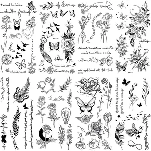 8 Floral Temporary Tattoo Stickers, Waterproof Rose Flame Thorn Feather Heart Arrow Butterfly Cute Text Totem Designs, Unisex Body Art