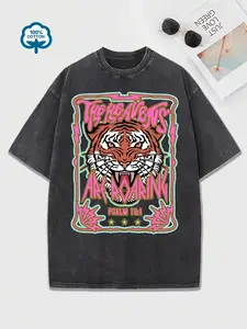 Women's "The Heavens Are Roaring Tiger Psalm 19:1" Graphic Oversized Washed Cotton Tee, Short-Sleeve Top, Round Neck, Casual Fit Streetwear, Oversized Tshirt Women
