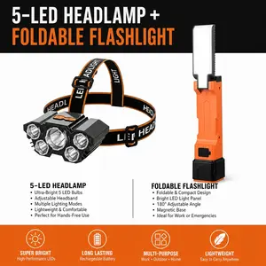5-LED Headlamp + Foldable LED Work Light Combo – USB Rechargeable, Magnetic Base, Adjustable Beam – Portable Light for Camping, Auto Repair & Power Outages
