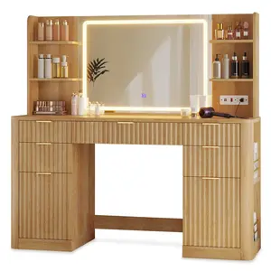 51.2 Inches Fluted Makeup Vanity with Mirror and Lights Oak 51.2 Inches Fluted Makeup Vanity with Mirror and Lights Oak