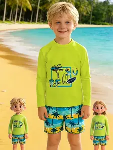 Beach Vacation Swimwear Set, Fluorescent Long Sleeve Surf Suit + Coconut Tree Print Shorts, Essential for Water Play