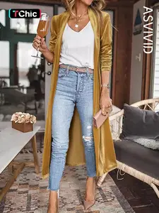 Women's Solid Pocket Shawl Collar Velvet Longline Coat, Casual Long Sleeve Open Front Outerwear for Spring & Fall, Ladies Clothes for Daily Wear