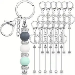 12pcs DIY Beadable Keychain Blanks,Stainless Steel Beaded Keychain for Crafting, Silvery Customizable Metal Keyring Pendant with Charms for DIY Gifts
