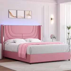 HOMBCK Bed Frame with LED Lights, Faux Leather Upholstered Platform with Silver Wingback Headboard, Modern Style, No Box Spring Needed, Easy Assembly