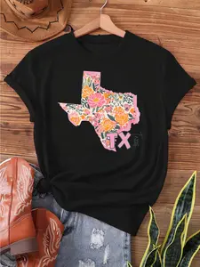 Unisex Texas Floral Print T-Shirt - Cotton Casual Black Short Sleeve Crew Neck Tee with Vibrant Orange And  , Perfect for Spring And Summer Casual Attire |   Floral Design |   All Season Top