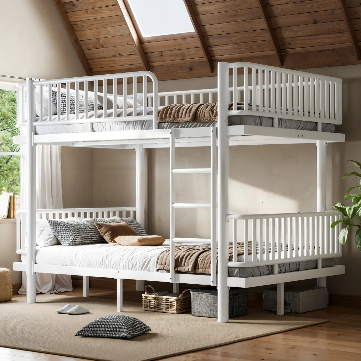 Full over Full Bunk Bed with Ladders & Guardrails, Heavy-Duty Metal Bunk Bed Frame with Upgraded Safety Round-Pipe Design, Can Transformed into 2 Platform Bed, For Kids Teens Adults, Noise Freee,White