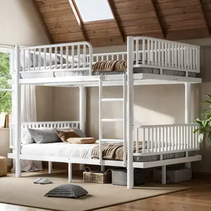 Full over Full Bunk Bed with Ladders & Guardrails, Heavy-Duty Metal Bunk Bed Frame with Upgraded Safety Round-Pipe Design, Can Transformed into 2 Platform Bed, For Kids Teens Adults, Noise Freee,White
